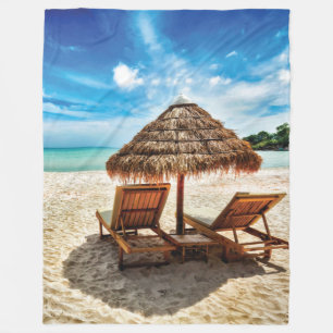 Lounge chairs on beach throw pillow fleece blanket