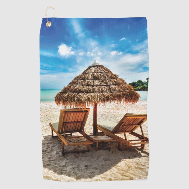 Lounge chairs on beach throw pillow golf towel (Front)