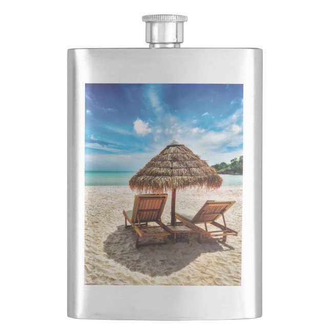 Lounge chairs on beach throw pillow hip flask (Front)