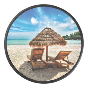 Lounge chairs on beach throw pillow hockey puck