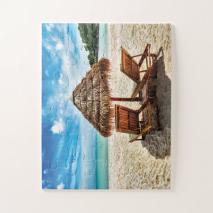 Lounge chairs on beach throw pillow jigsaw puzzle
