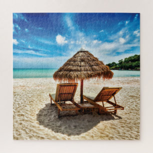 Lounge chairs on beach throw pillow jigsaw puzzle
