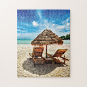 Lounge chairs on beach throw pillow jigsaw puzzle