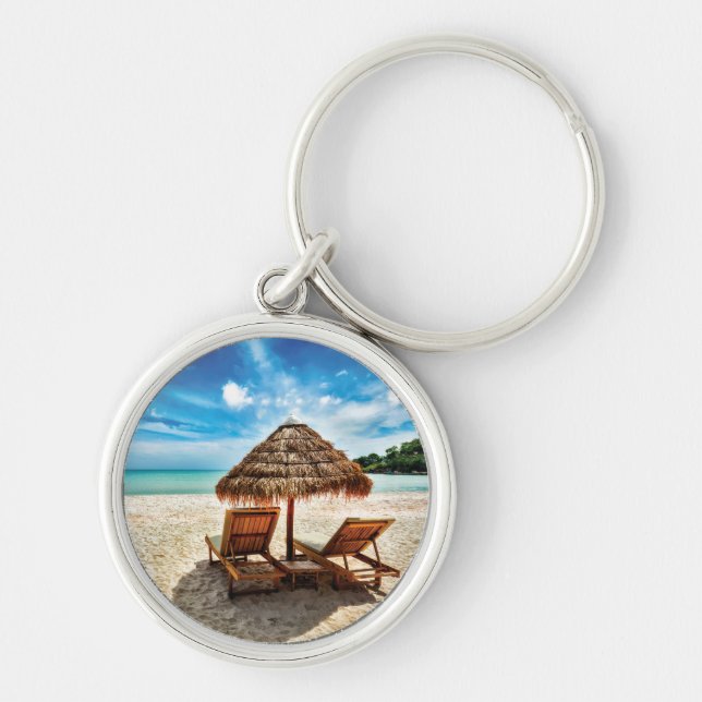 Lounge chairs on beach throw pillow keychain (Front)