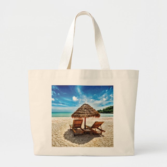 Lounge chairs on beach throw pillow large tote bag (Front)