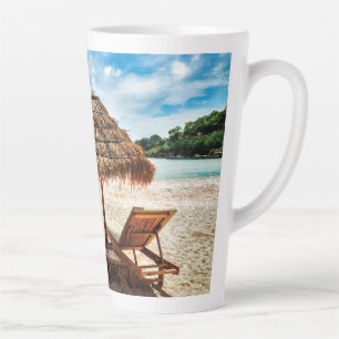 Lounge chairs on beach throw pillow latte mug