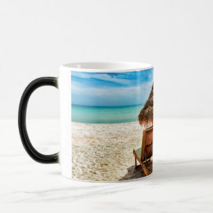 Lounge chairs on beach throw pillow magic mug