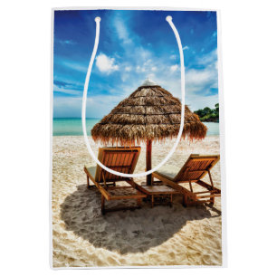 Lounge chairs on beach throw pillow medium gift bag