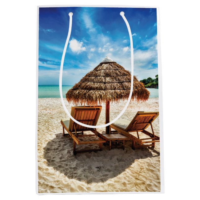 Lounge chairs on beach throw pillow medium gift bag (Front)