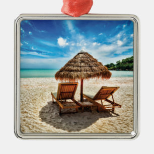 Lounge chairs on beach throw pillow metal ornament