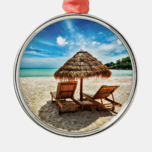 Lounge chairs on beach throw pillow metal ornament