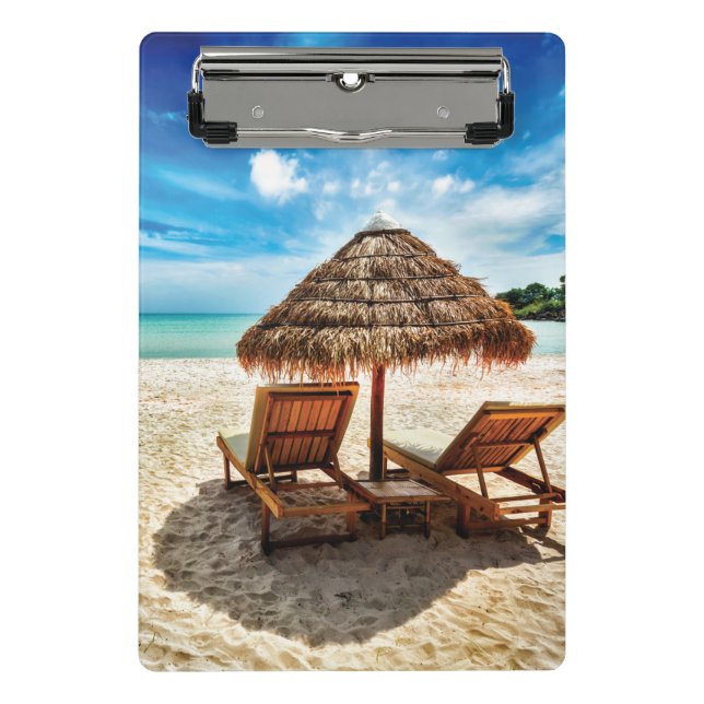 Lounge chairs on beach throw pillow mini clipboard (Front)