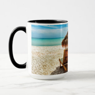 Lounge chairs on beach throw pillow mug