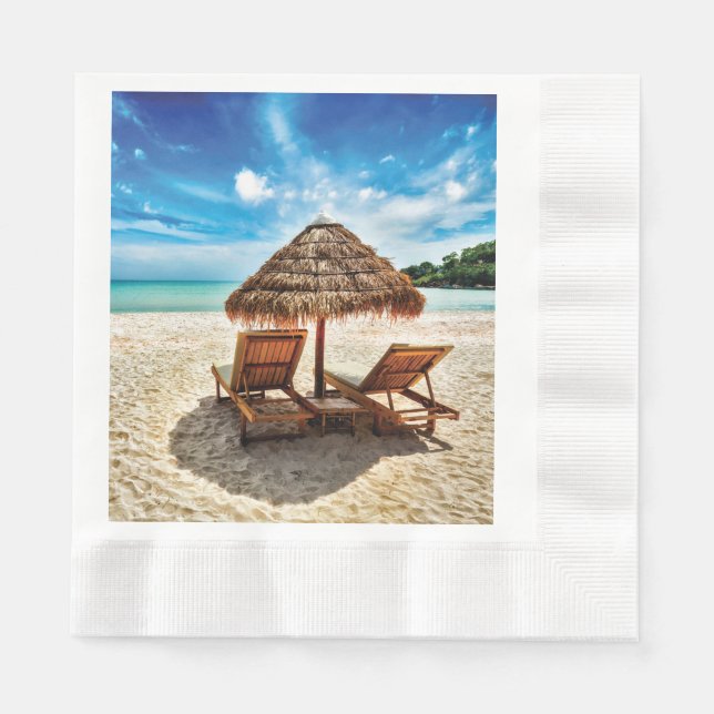 Lounge chairs on beach throw pillow napkin (Front)