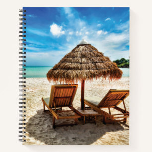 Lounge chairs on beach throw pillow notebook
