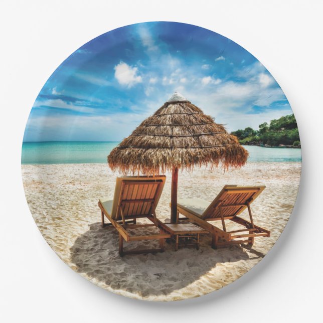 Lounge chairs on beach throw pillow paper plate (Front)