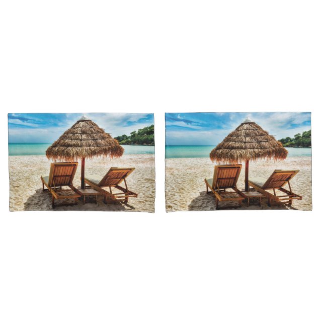 Lounge chairs on beach throw pillow pillowcase (Front-Set)