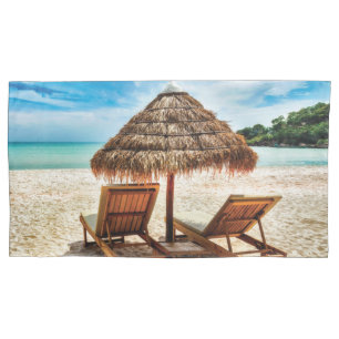 Lounge chairs on beach throw pillow pillowcase