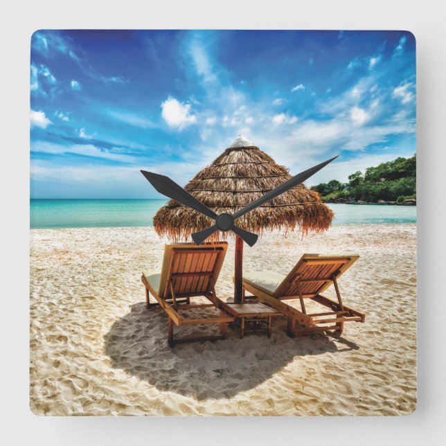 Lounge chairs on beach throw pillow square wall clock (Front)