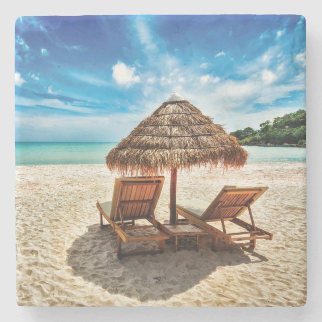 Lounge chairs on beach throw pillow stone coaster (Front)