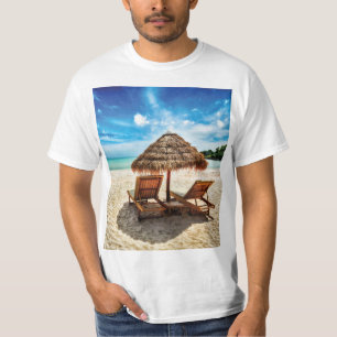 Lounge chairs on beach throw pillow T-Shirt