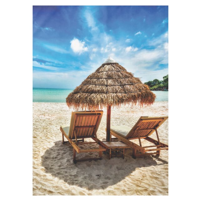 Lounge chairs on beach throw pillow tablecloth (Front)