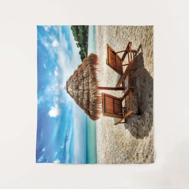 Lounge chairs on beach throw pillow tapestry (Front)