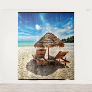 Lounge chairs on beach throw pillow tapestry