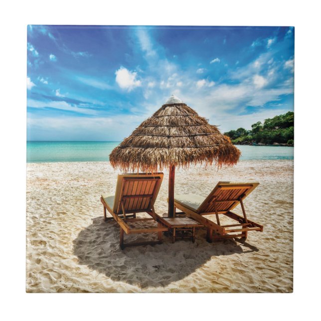 Lounge chairs on beach throw pillow tile (Front)