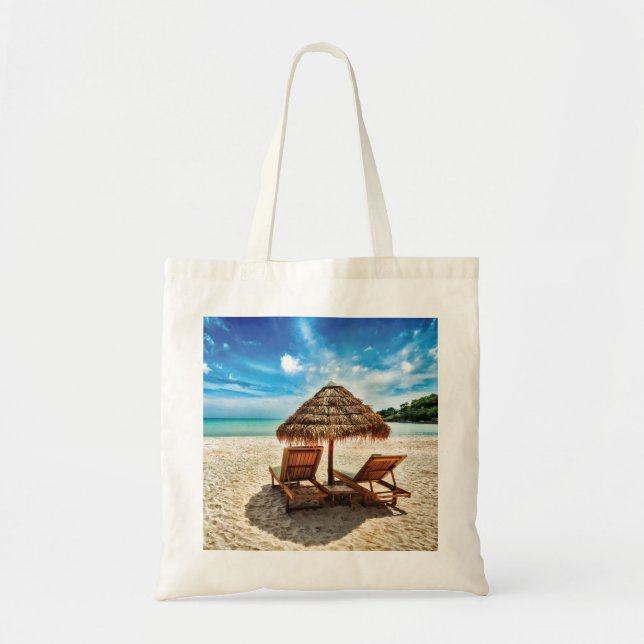 Lounge chairs on beach throw pillow tote bag (Front)