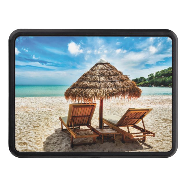 Lounge chairs on beach throw pillow trailer hitch cover (Front)