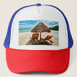Lounge chairs on beach throw pillow trucker hat