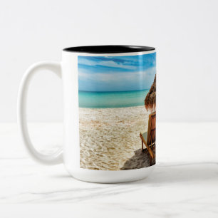 Lounge chairs on beach throw pillow Two-Tone coffee mug