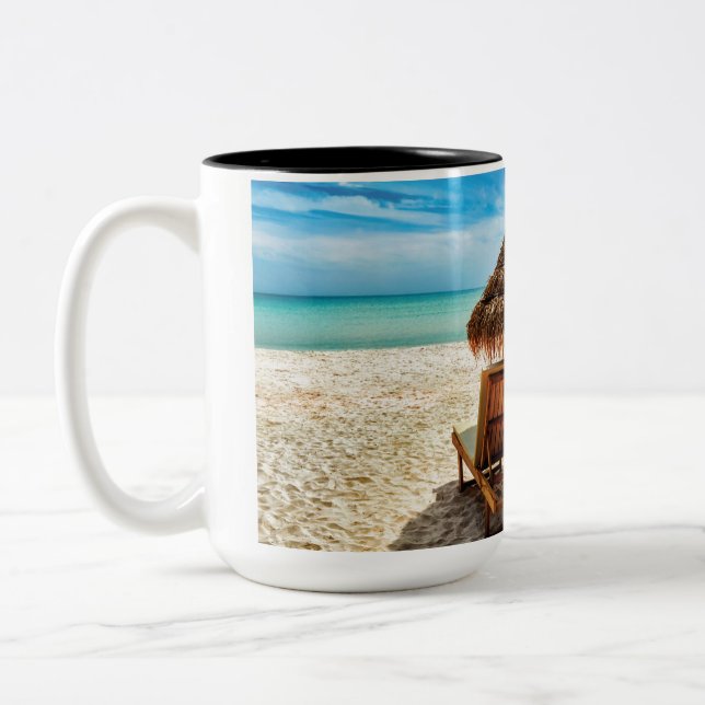 Lounge chairs on beach throw pillow Two-Tone coffee mug (Left)