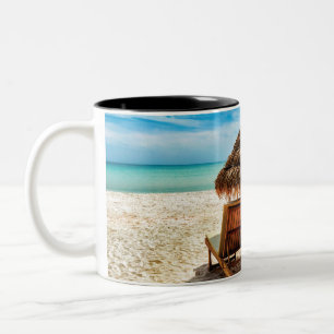 Lounge chairs on beach throw pillow Two-Tone coffee mug