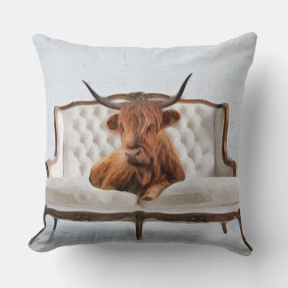 Lounging Highland Cow on White Vintage Sofa Throw Pillow