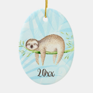 Lounging Sloth Keepsake Customizable Year Ceramic Ornament