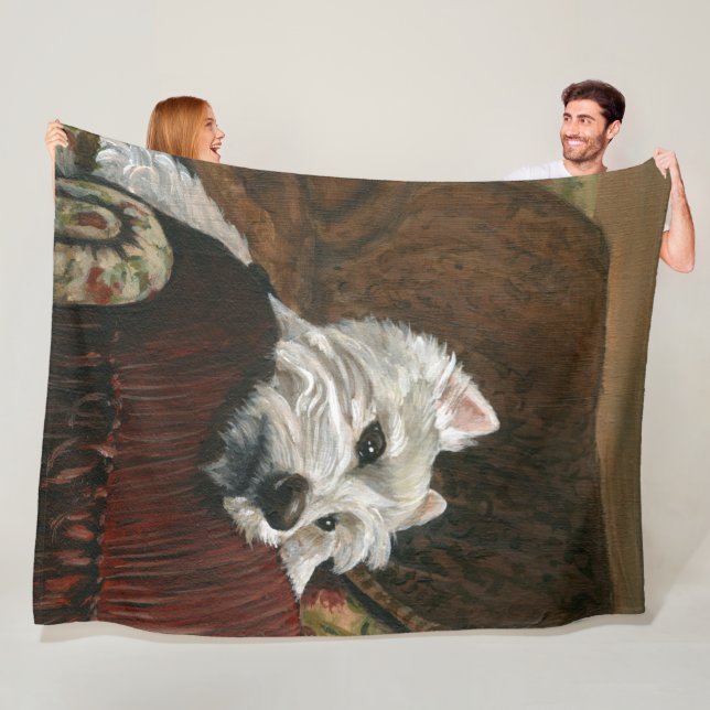 Lounging Westie on Sofa Fleece Blanket (In Situ)