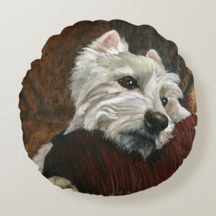 Lounging Westie on Sofa Round Pillow