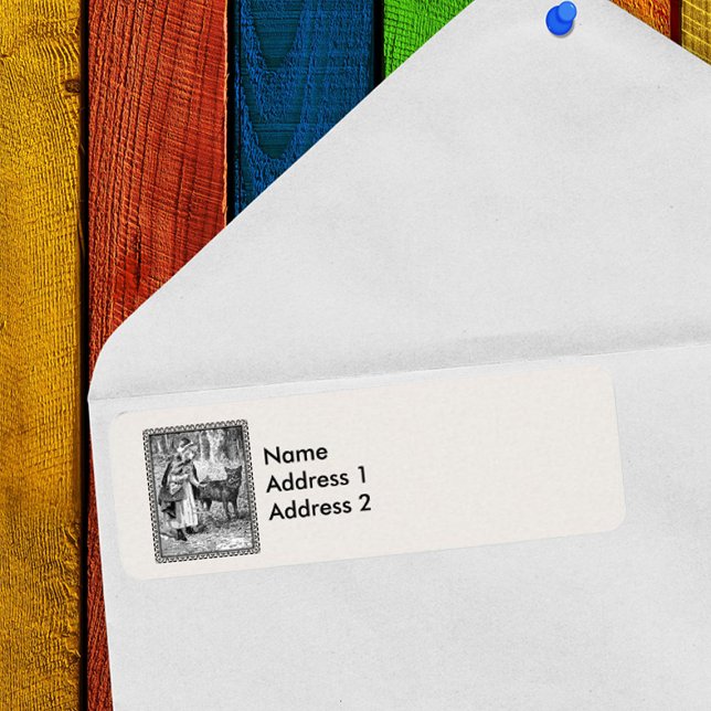 Loup à capuchon rouge encadré en forêt sur blanc (Vintage Little Red Riding Hood in woods with Wolf in black and white return address labels.)