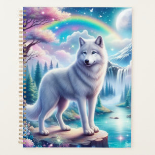 Loup avec arc-en-ciel et cascade