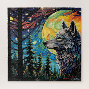 loup avec lune dans une forêt Puzzle pour tous les
