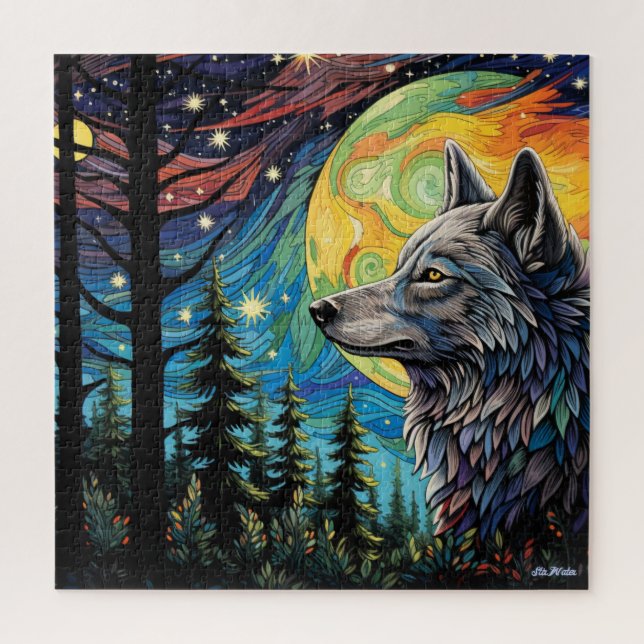 loup avec lune dans une forêt Puzzle pour tous les (Vertical)