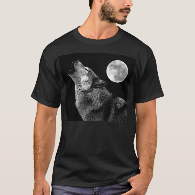 Loup blanc noir hurle à la T-shirt de la lune (Devant)