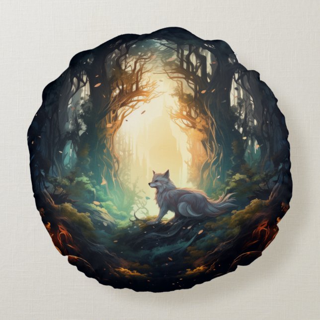 Loup dans une mystérieuse forêt coussin rond (Dos)
