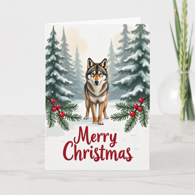 Loup en neige Joyeux Noël Carte Forêt Scène (Devant)