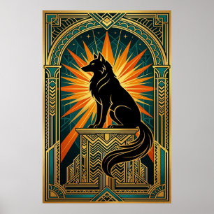 Loup hurlant Art déco soleil doré éclatant