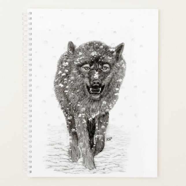 Loup noir en colère dans la neige, hiver sauvage (Devant)