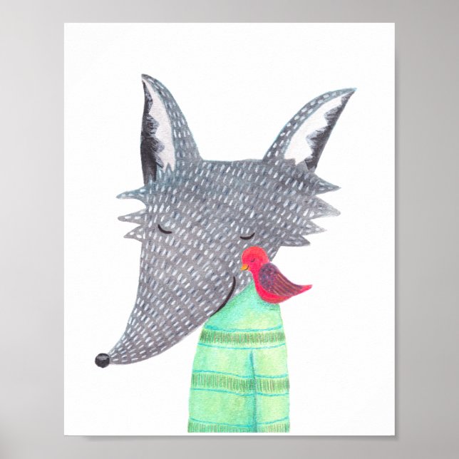 Loup & Oiseau Bois Poster animal Accueil Décor mur (Devant)