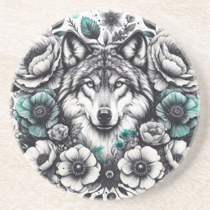 Loup turquoise et gris avec Dessous de verre de gr